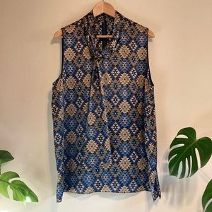 Lafayette 148 New York Sleeveless Silk Blouse with Tie Neck, Size XL